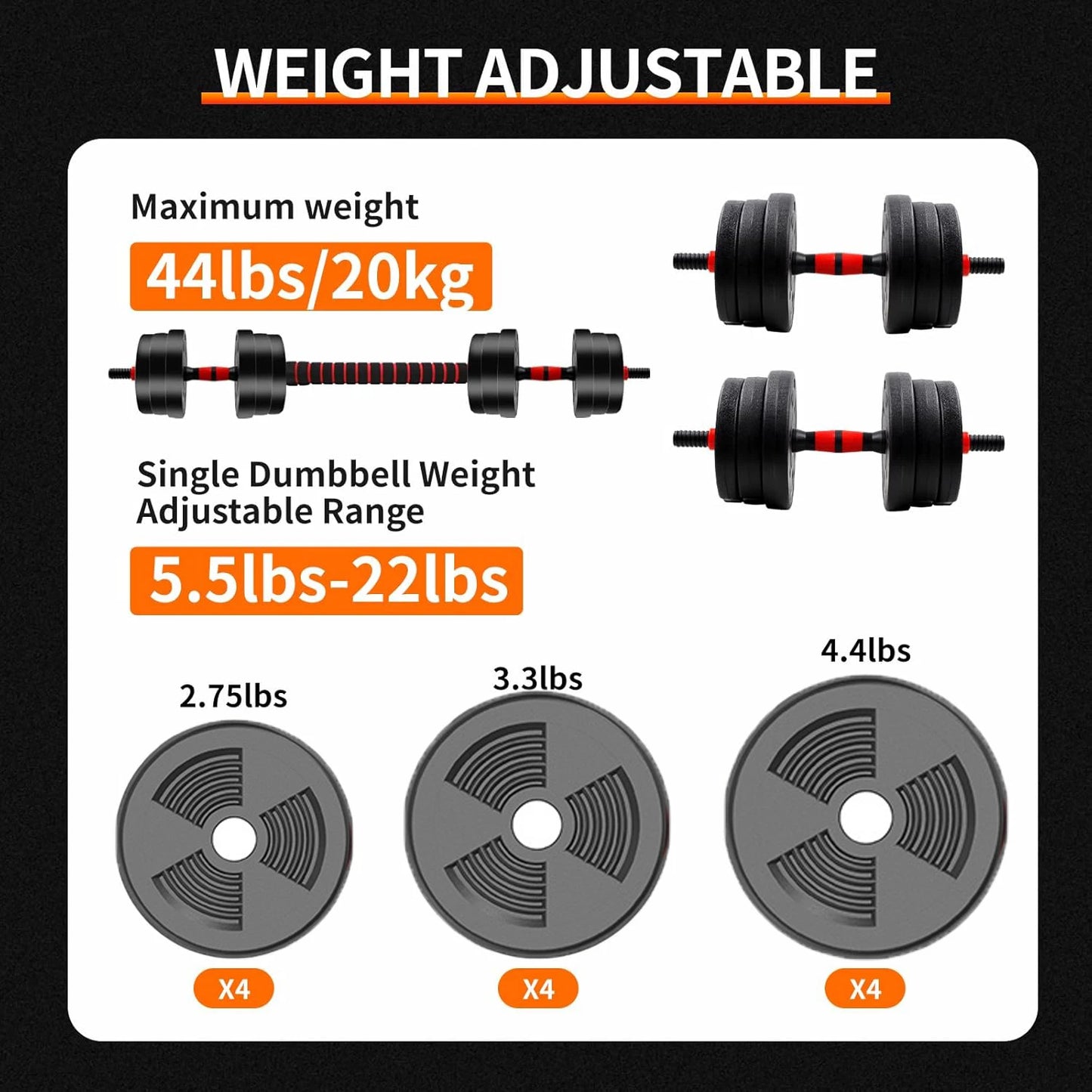 5 To 44 Lbs Adjustable Dumbbell To Barbell Set Anti Slip