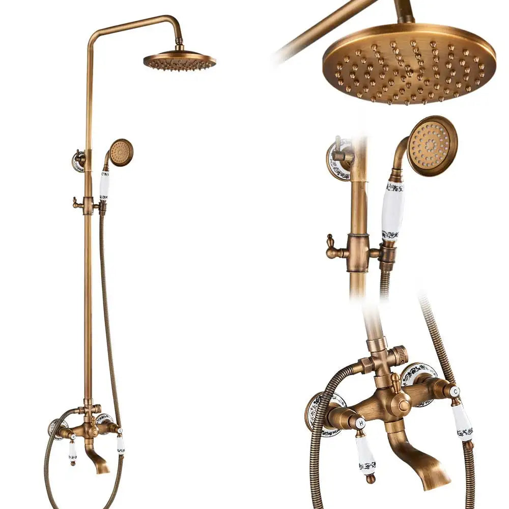 rozin Antique Brass Shower Faucet Set Bathroom Shower Column with Shelf Rainfall Hot Cold Water Mixer Tap Handhold Shower Faucet