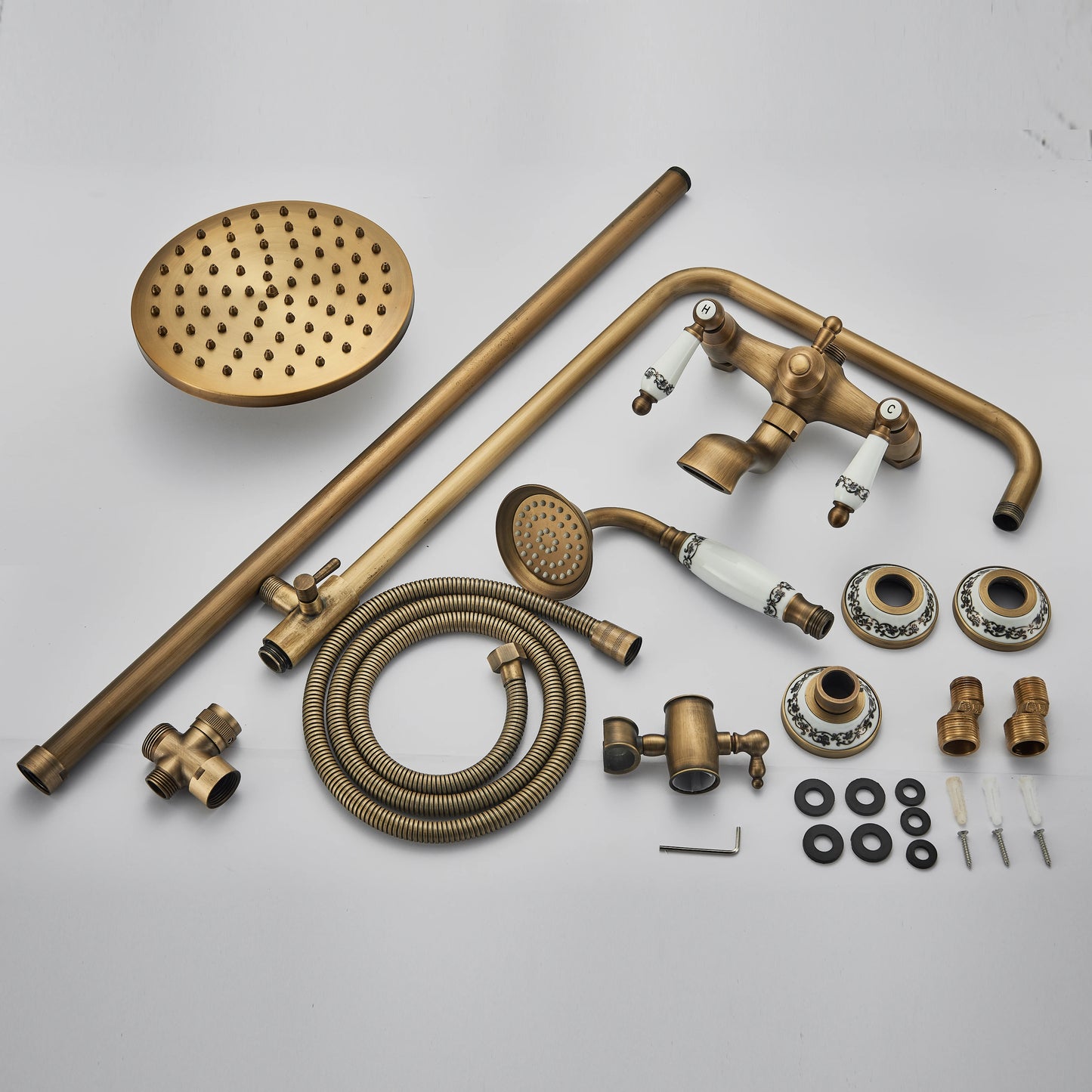 rozin Antique Brass Shower Faucet Set Bathroom Shower Column with Shelf Rainfall Hot Cold Water Mixer Tap Handhold Shower Faucet