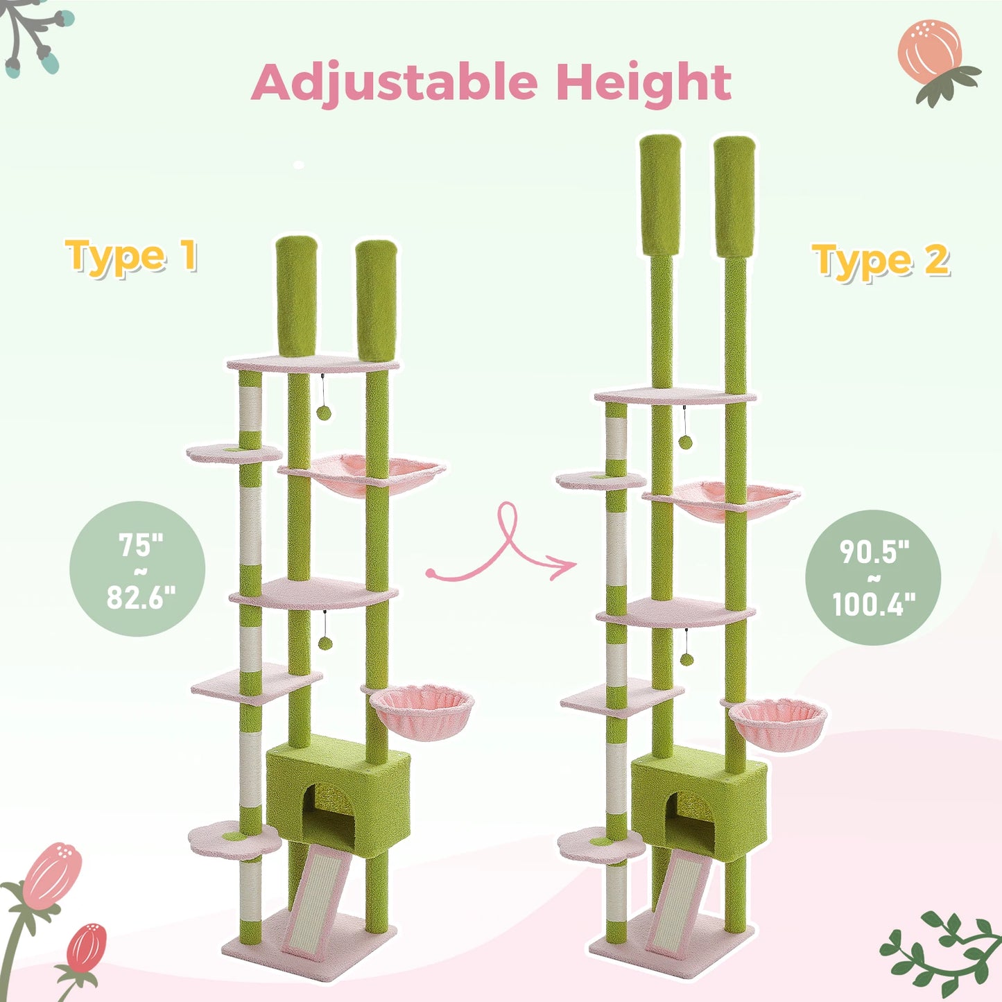 Cactus Cat Tree Floor to Ceiling Tower Adjustable Height