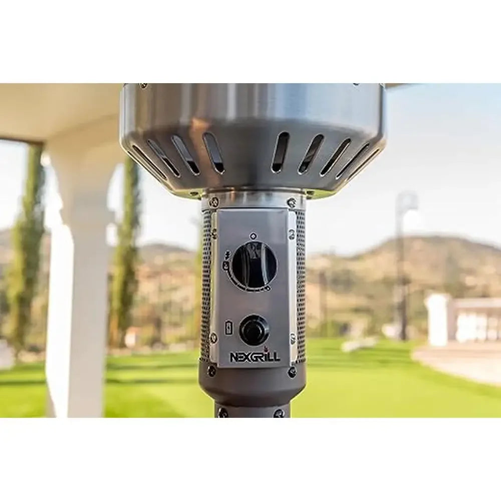 Bronze Patio Heater 48,000BTUs Electronic Ignition 2 Wheels Tank Access Outdoor Steel Construction Warmth Control Easy Mobility