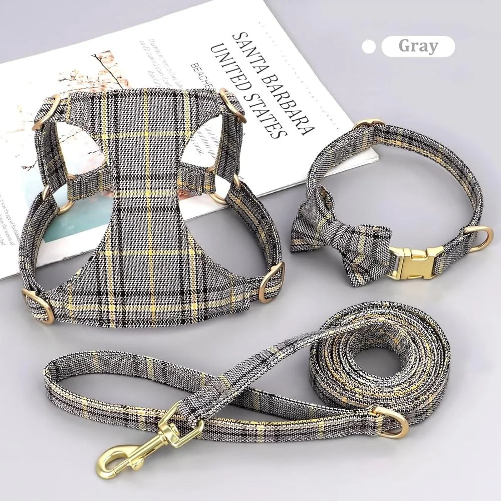 Cute Small Dog Harness Set Soft Plaid Collar Leash Bowtie