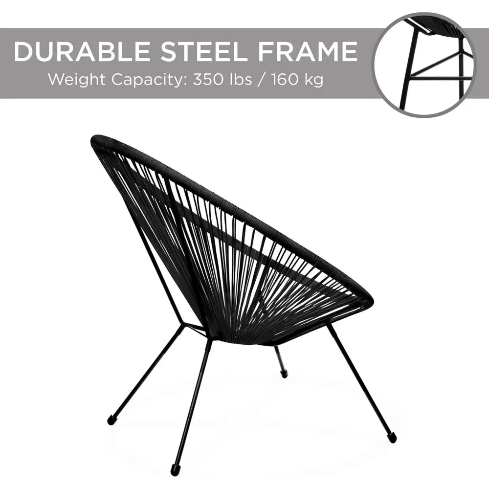 3-Piece Outdoor Acapulco All-Weather Patio Conversation Bistro Set w/Plastic Rope, Glass Top Table and 2 Chairs - Black
