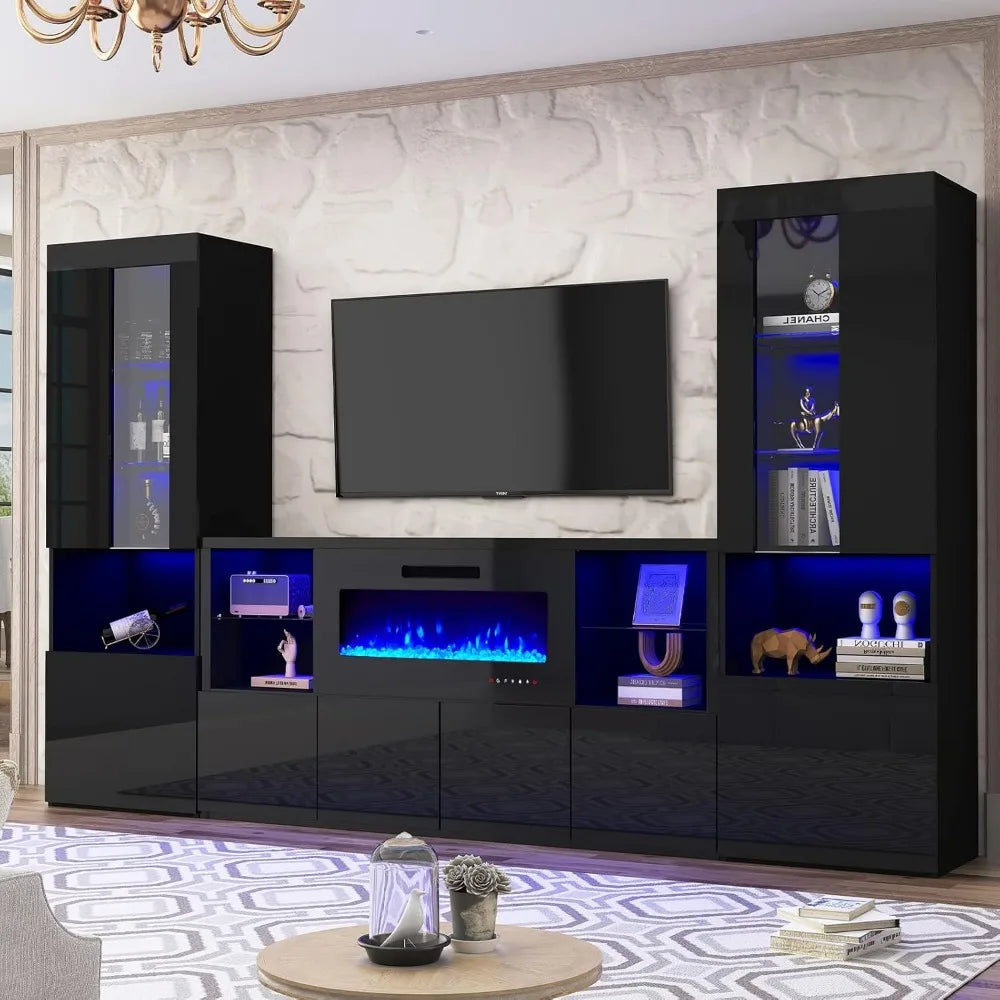 68" Fireplace TV Stand with 40" Fireplace, Modern High Gloss Fireplace Entertainment Center with LED Lights for TVs up to 78",