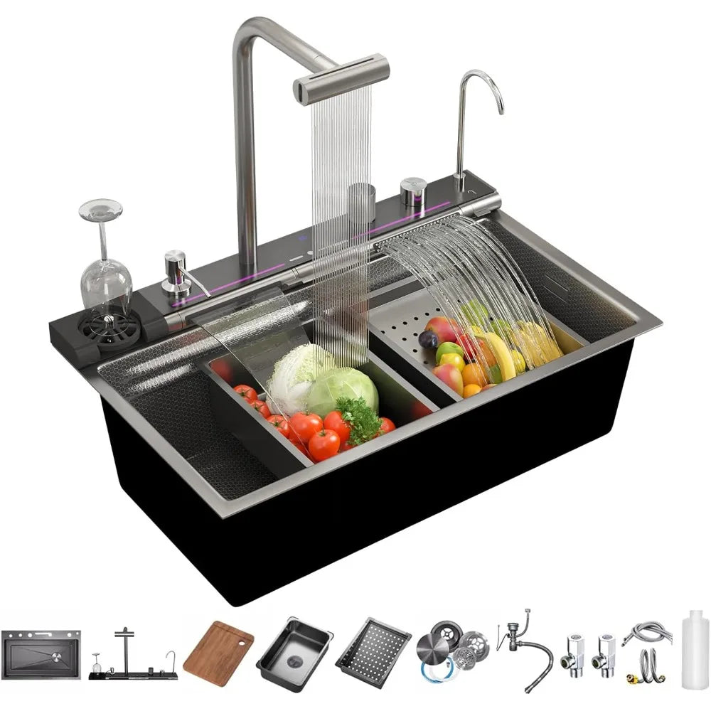 Smart Kitchen Sink 304 Stainless Steel Honeycomb Single Bowl Kitchen Sinks,Digital Display Double Waterfall Sink