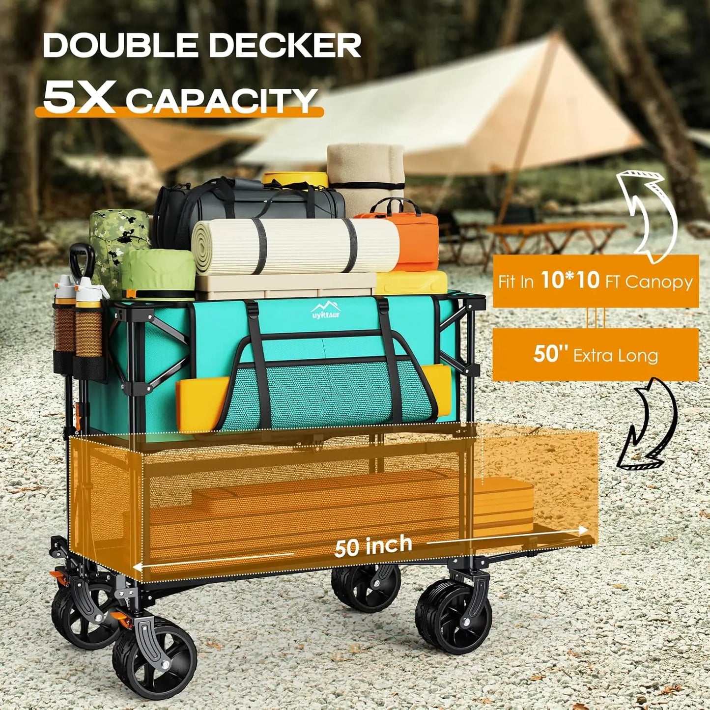 Foldable 50''L Extra Long Double Decker Wagon for Sport 400L Collapsible Heavy Duty Wagon Cart with Big Wheels Utility All Terra