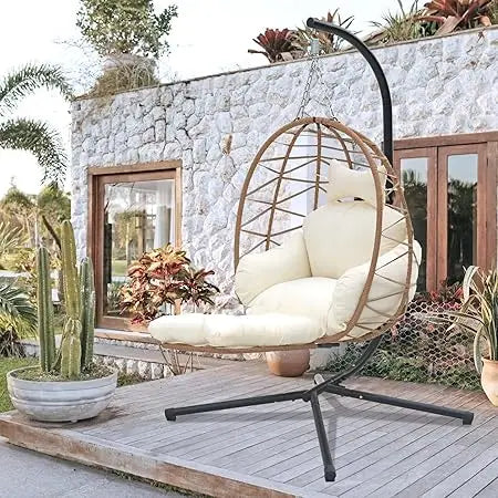 Outdoor Egg Chair with Sturdy Tripod Hammock Leg Rest and Hanging Lounge Chair Swinging Rattan Wicker Swing for Cozy Bedroom Bal