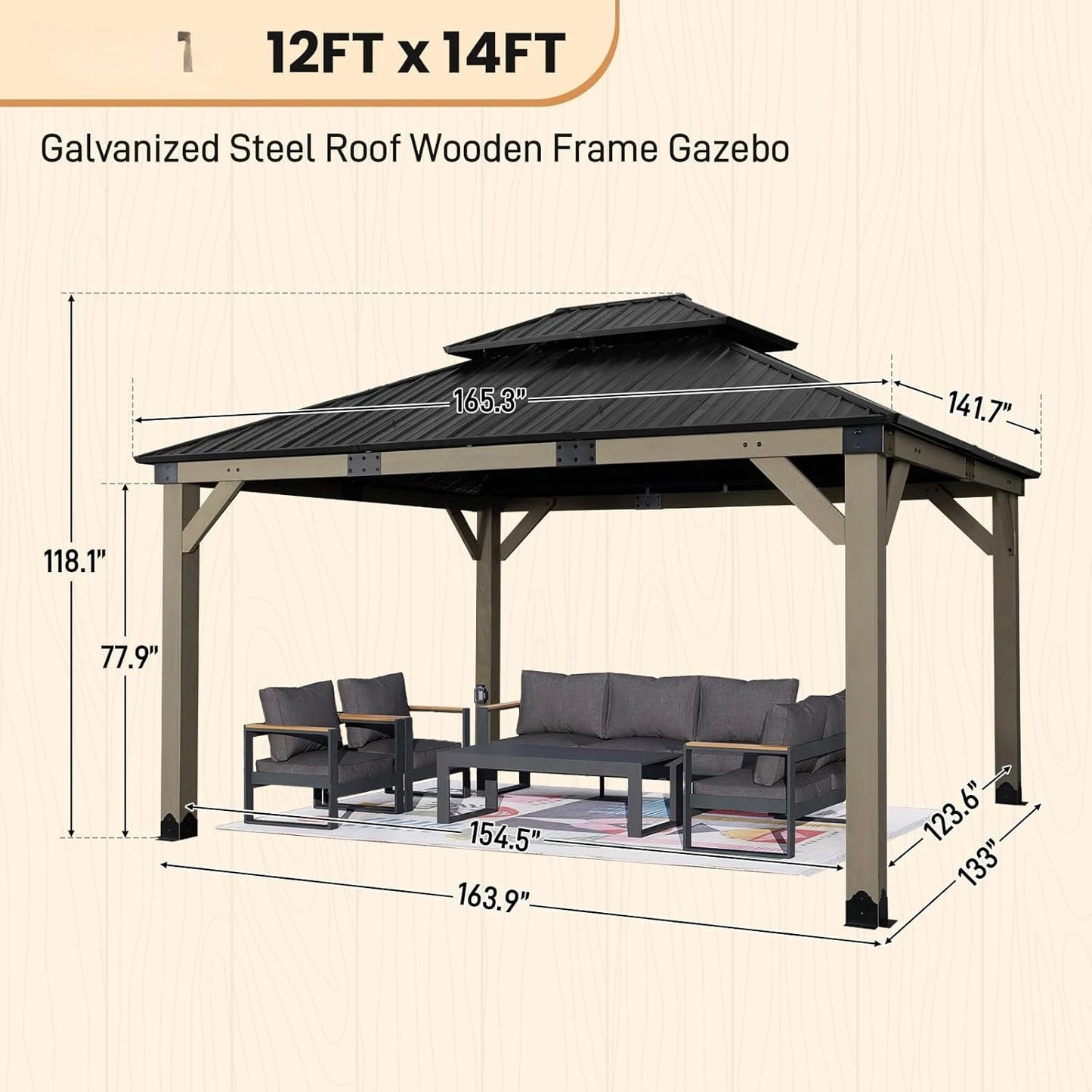 12x14 Ft Wooden Frame Gazebo With Galvanized Hardtop Roof