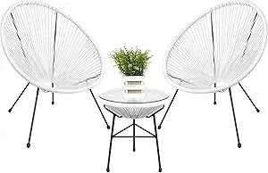 3-Piece Outdoor Acapulco All-Weather Patio Conversation Bistro Set w/Plastic Rope, Glass Top Table and 2 Chairs - Black