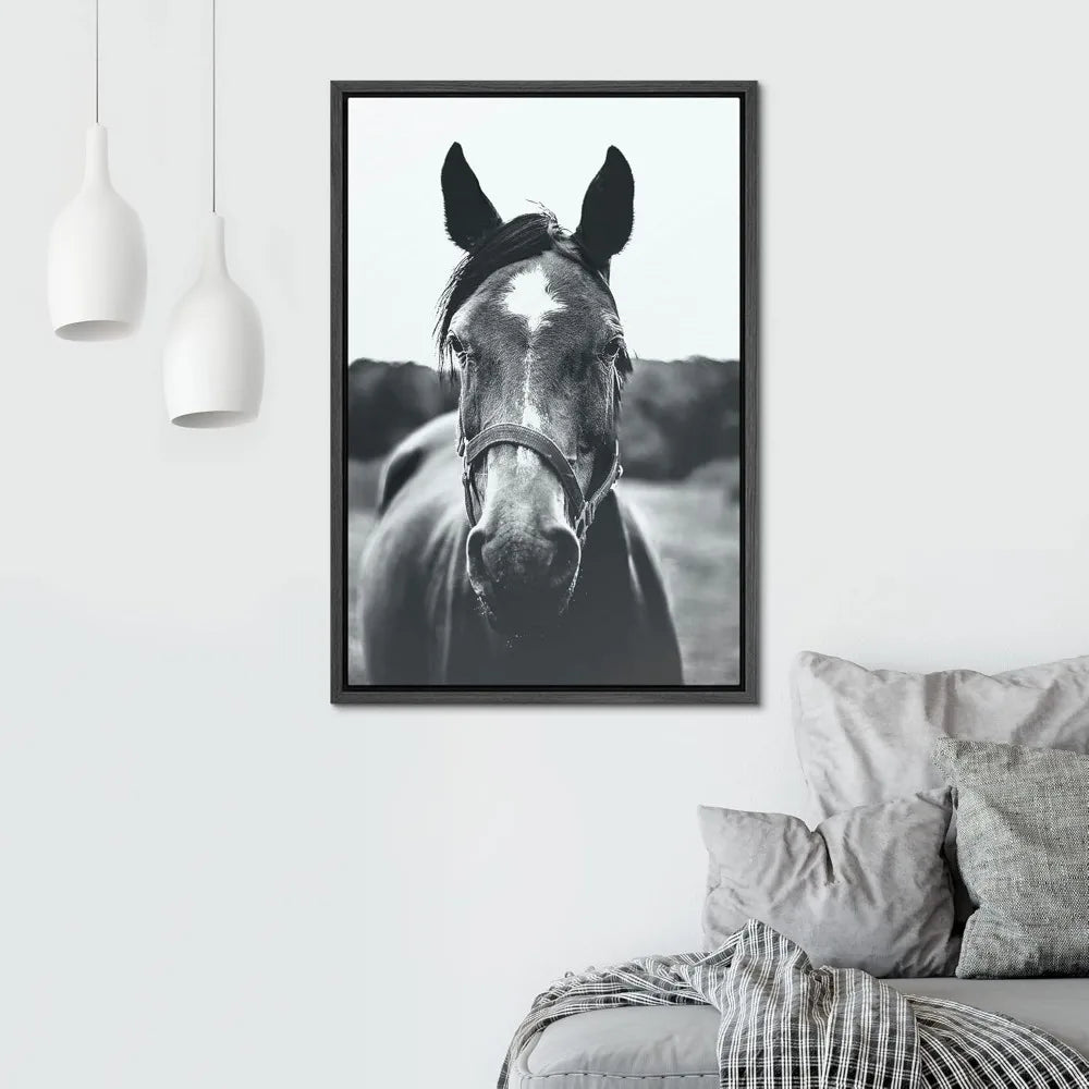 Equine Elegance: High Contrast Black and White Canvas Art, Grey Horse for Living Room Decor