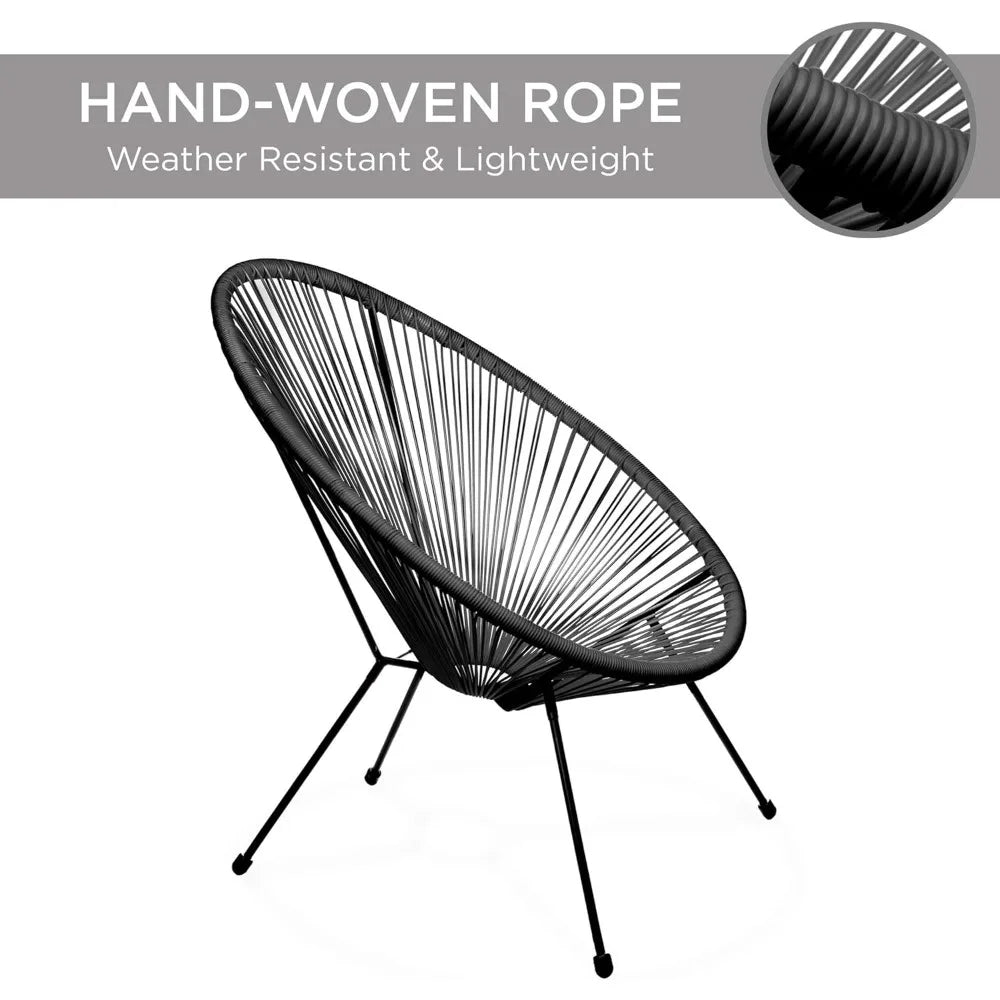 3-Piece Outdoor Acapulco All-Weather Patio Conversation Bistro Set w/Plastic Rope, Glass Top Table and 2 Chairs - Black