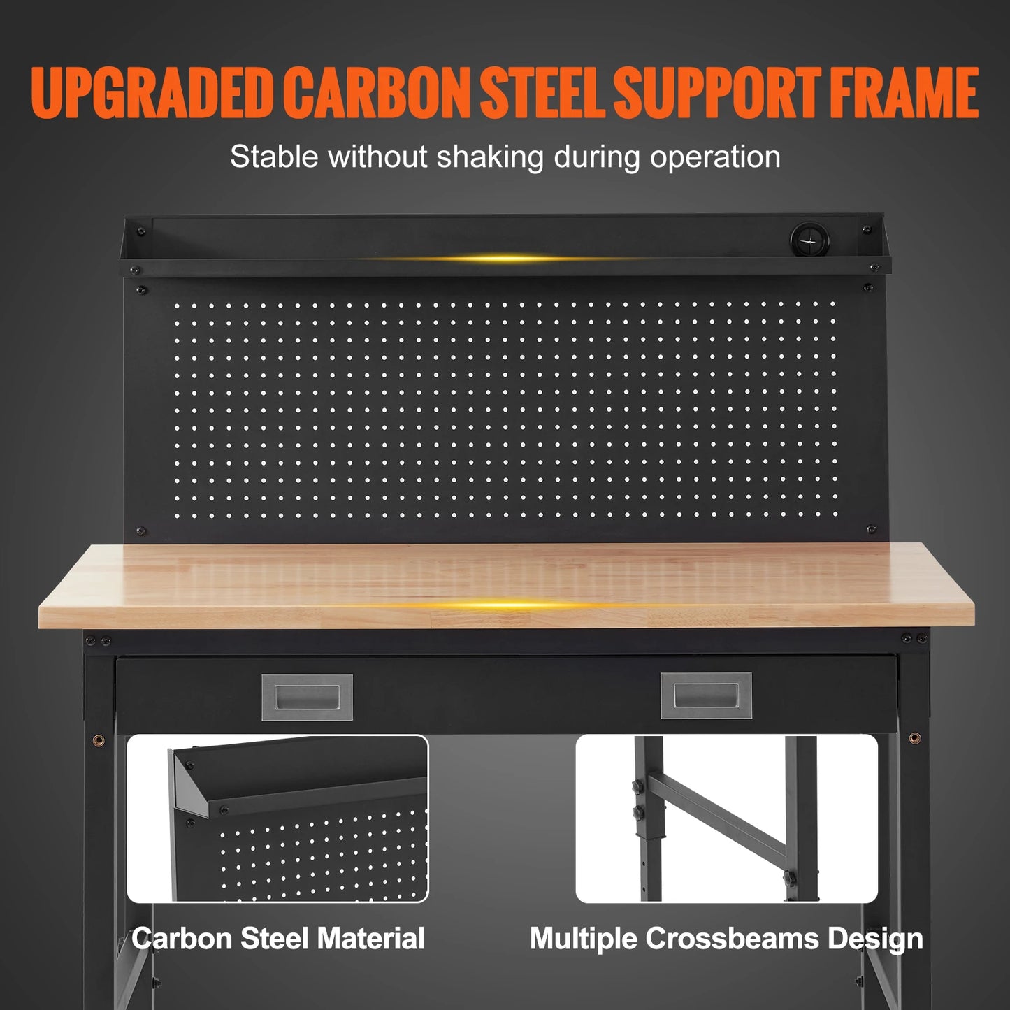 SucceBuy 2000lbs Hardwood Workbench Oak Plank Garage Work Table Carbon Steel with 3m Cable 30 Hooks for Garage Office Workshop