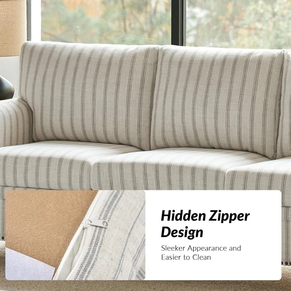 81" 3 Seater Sofa with Stripe Pattern, Farmhouse Couch with Rolled Wide Armrests and Rubber Wood Legs, Comfy Upholstered Sofa f