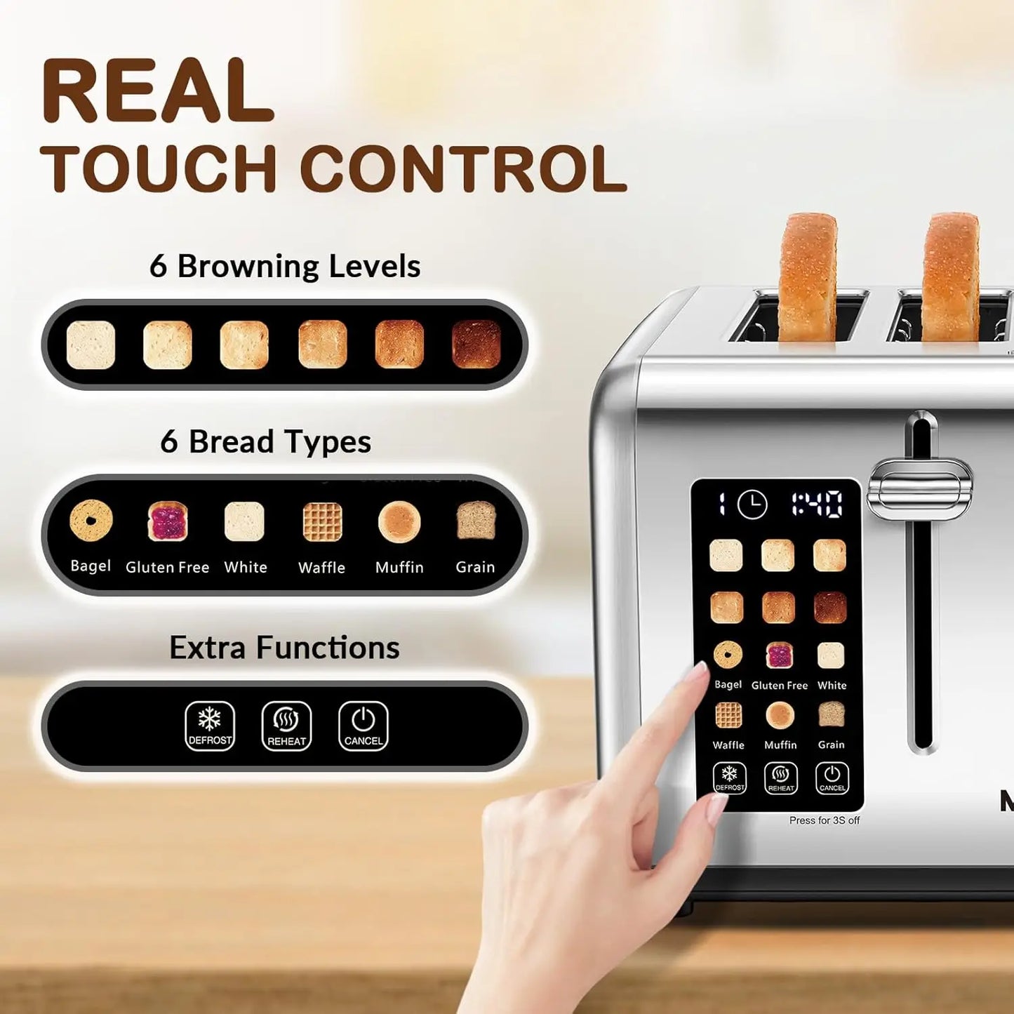 4 Slice Toaster with Touch Screen Control, 4 Wide Slots, Stainless Steel Smart Bread Toaster for Bagels, Muffins, Waffles, Dual