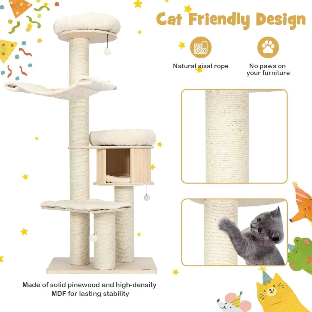 PETSITE 68.5" Tall Cat Tree, Multi-Level Modern Cat Tower with Sisal Scratching Posts, Top Perch, Cat Condo, Hammock, Jingling B
