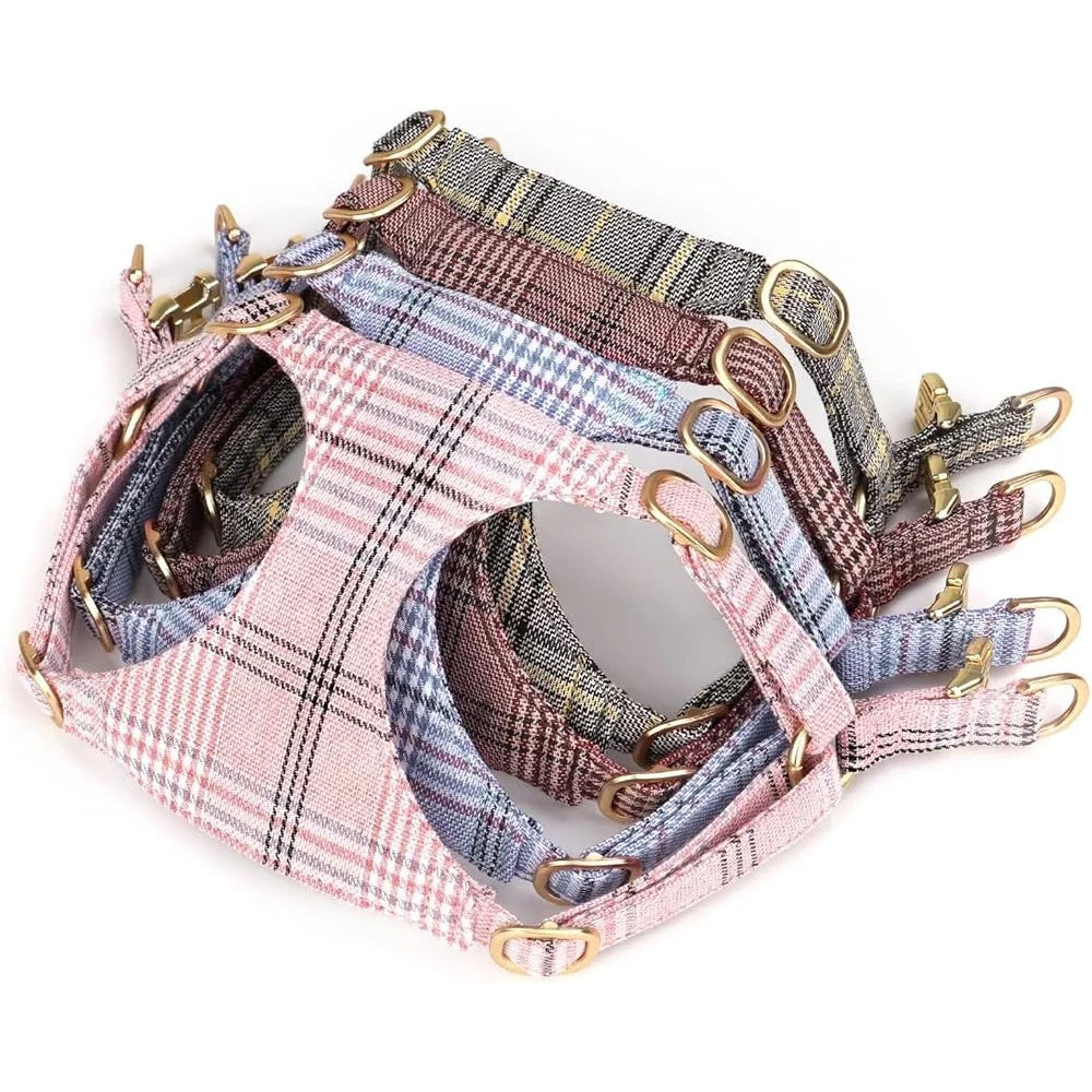 Cute Small Dog Harness Set Soft Plaid Collar Leash Bowtie