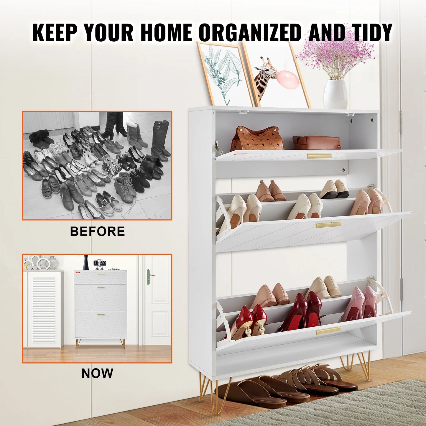 SucceBuy Shoe Cabinet w/ 2/3 Flip Drawers Shoe Storage Cabinet for Entryway Free Standing Shoe Storage Organizer for Heels Boots