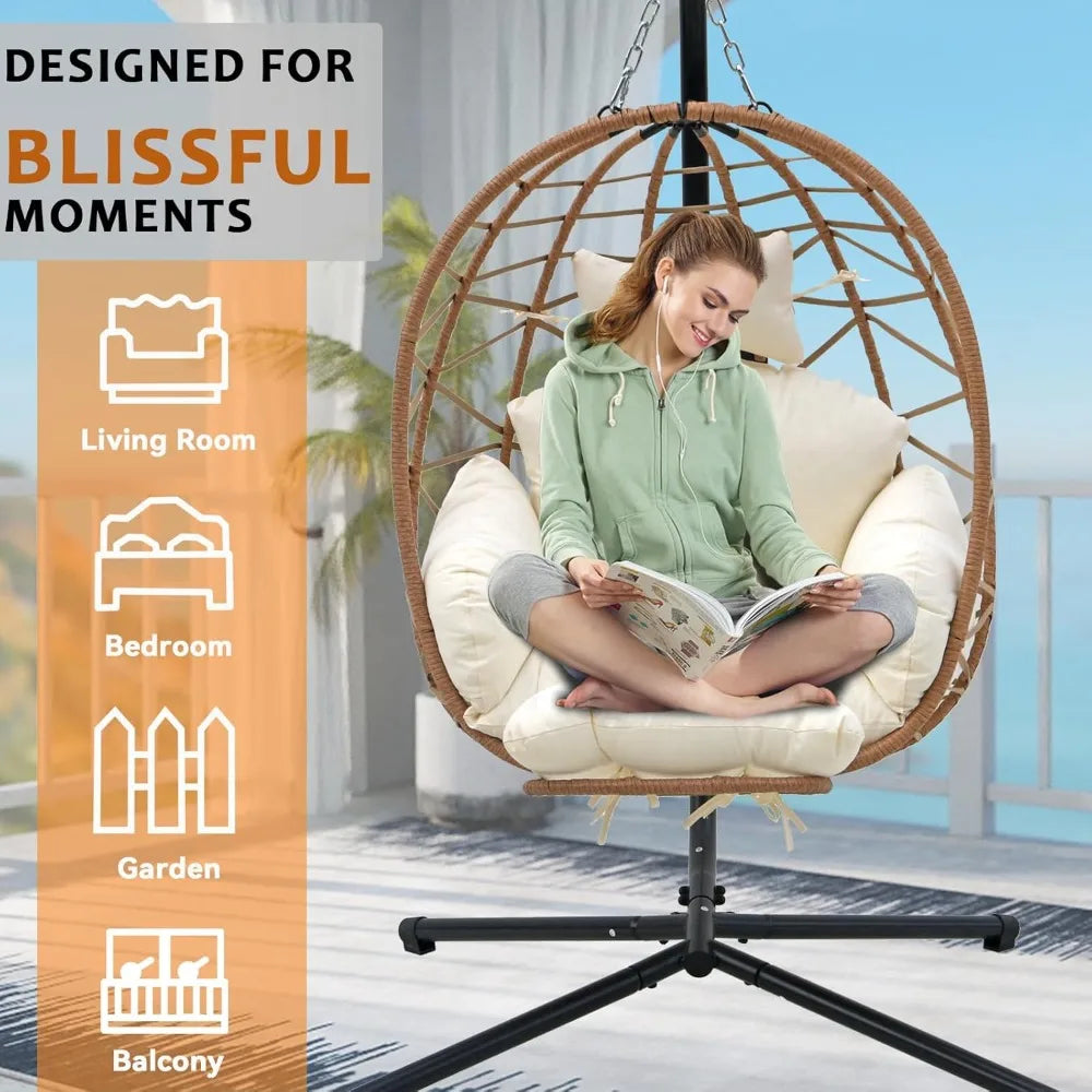 Outdoor Egg Chair with Sturdy Tripod Hammock Leg Rest and Hanging Lounge Chair Swinging Rattan Wicker Swing for Cozy Bedroom Bal