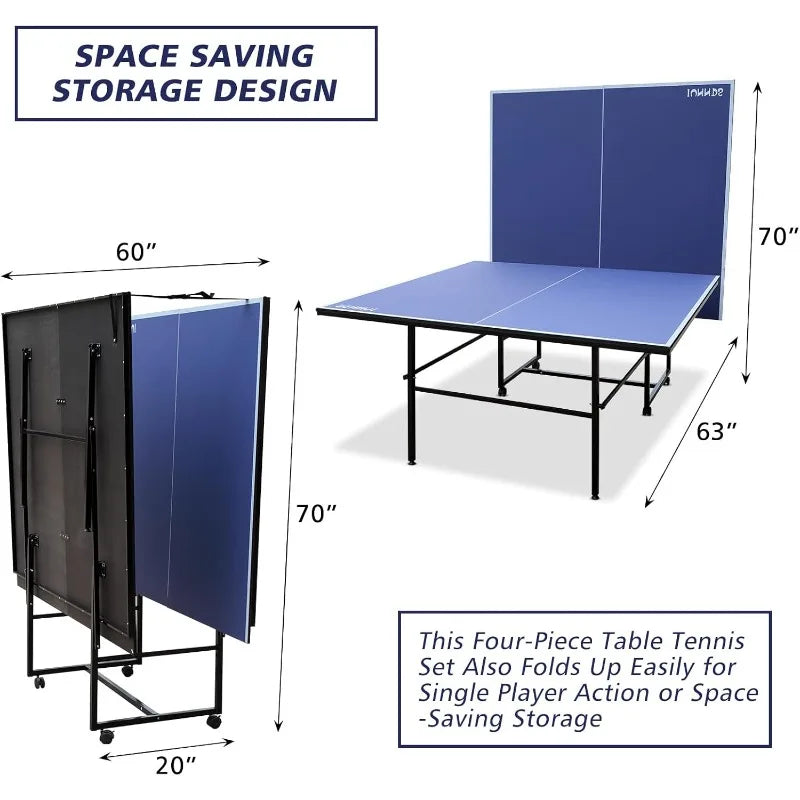 Folding Rolling Table Tennis Table Regulation Ping Pong Table with 2 Paddles 2 Balls 1 Net and Post Set Fold-Up Design