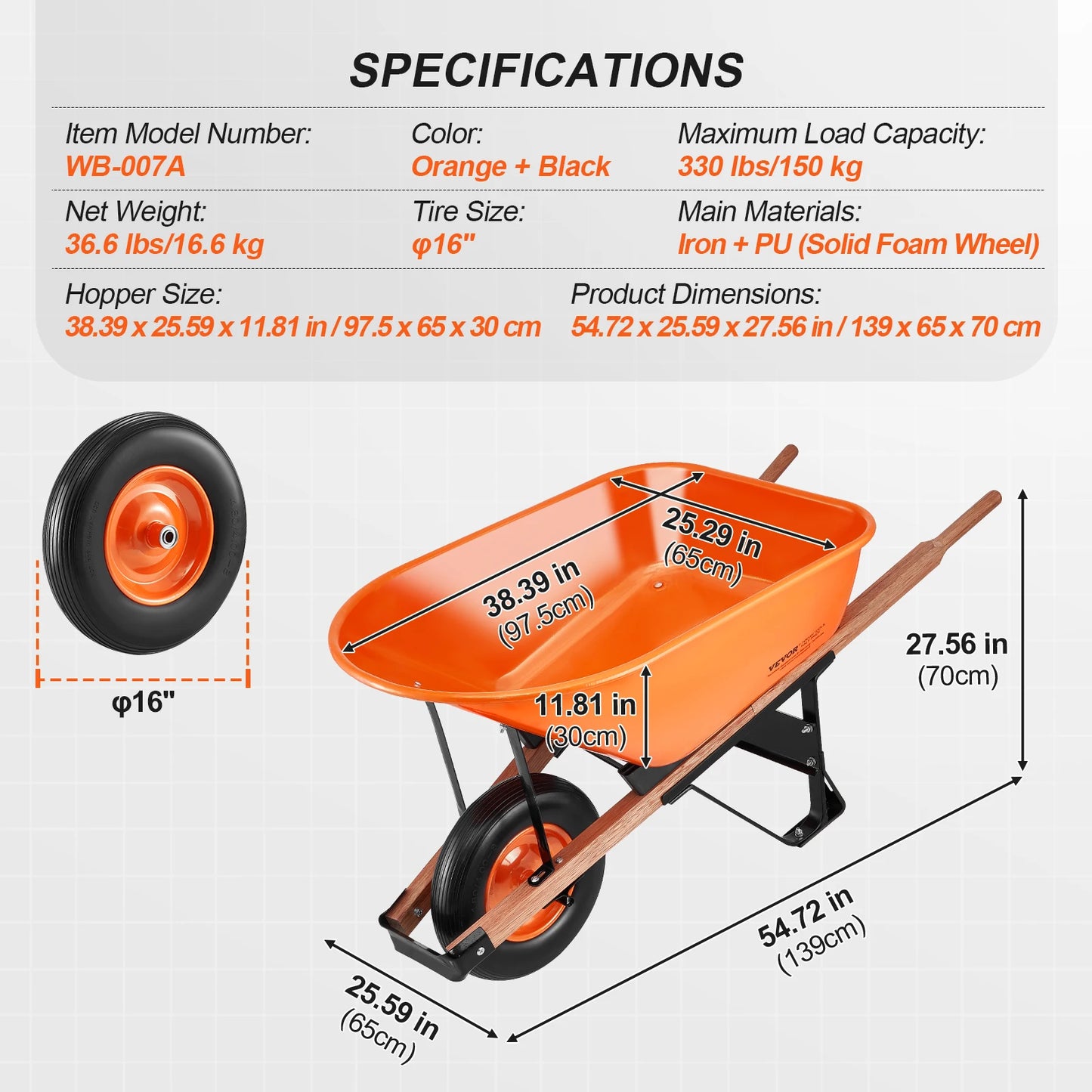 SucceBuy Wheelbarrow Cart 330lbs Capacity One Wheel Garden Dump Cart Wheel Barrow with Handle & 16" Wide Track Wheels for Farm