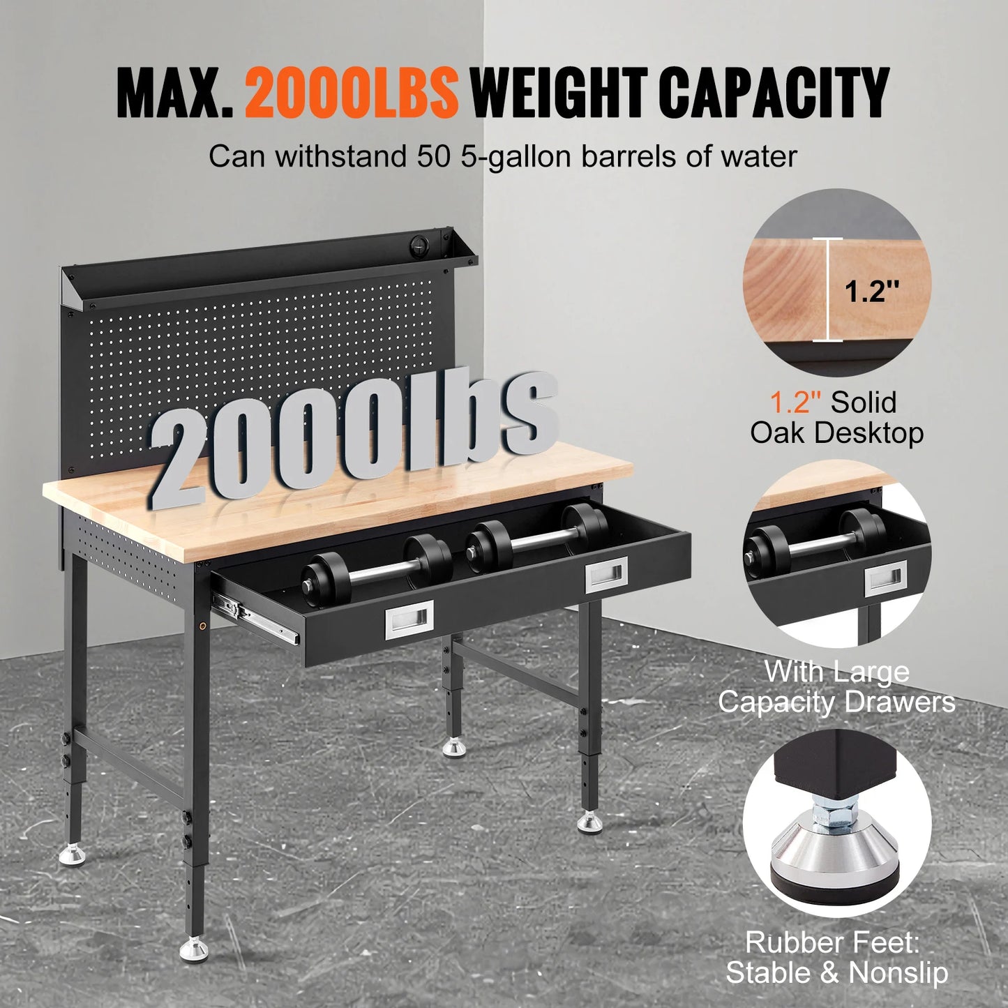SucceBuy 2000lbs Hardwood Workbench Oak Plank Garage Work Table Carbon Steel with 3m Cable 30 Hooks for Garage Office Workshop