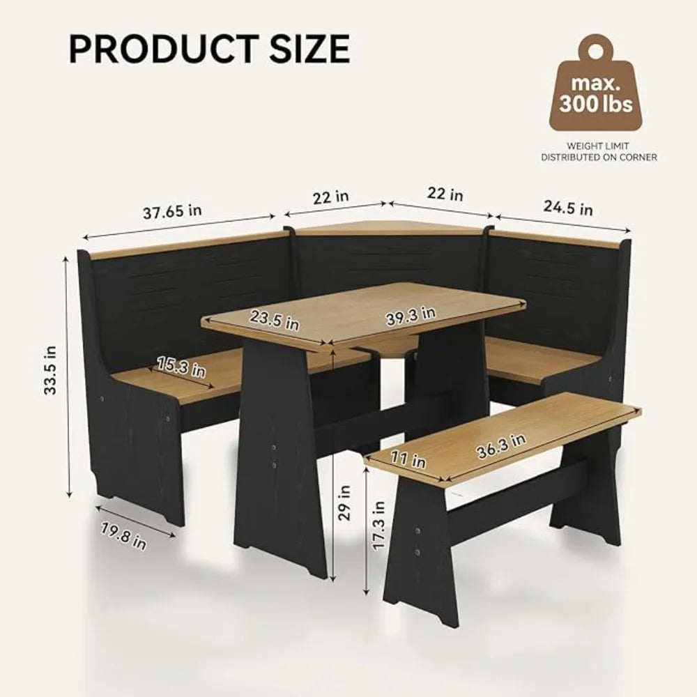 Breakfast Nook Corner Dining Table Kitchen Bench Chair Set, Space-Saving 3-5 People Seat Reversible L-Shape for Family Home Blac