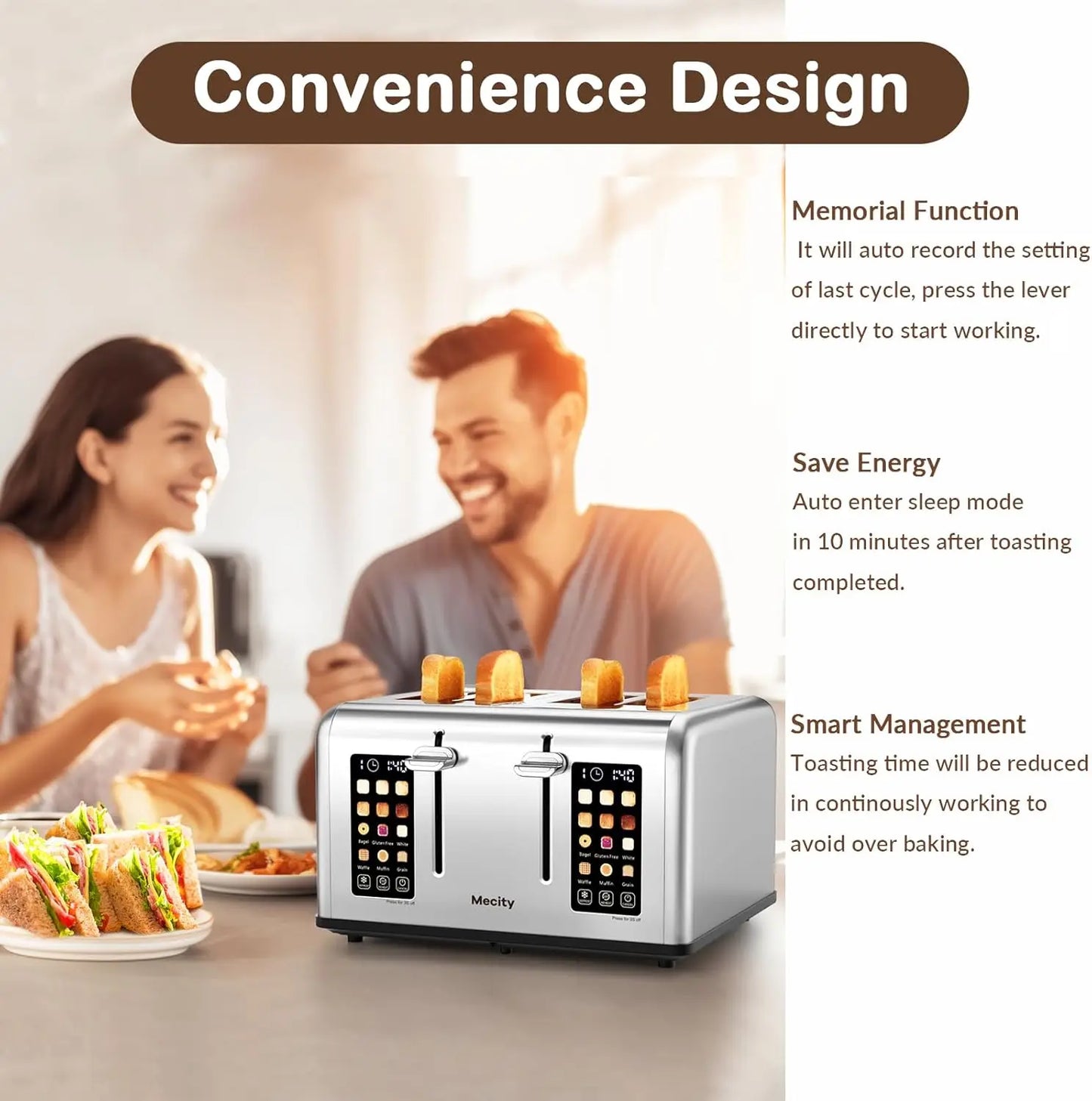 4 Slice Toaster with Touch Screen Control, 4 Wide Slots, Stainless Steel Smart Bread Toaster for Bagels, Muffins, Waffles, Dual