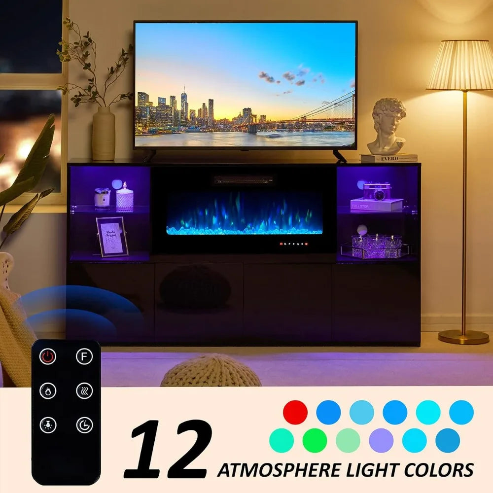 68" Fireplace TV Stand with 40" Fireplace, Modern High Gloss Fireplace Entertainment Center with LED Lights for TVs up to 78",
