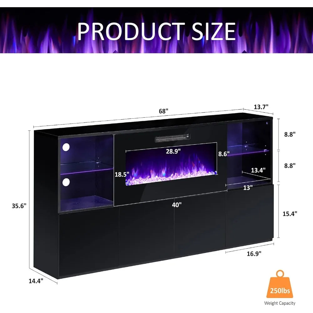 68" Fireplace TV Stand with 40" Fireplace, Modern High Gloss Fireplace Entertainment Center with LED Lights for TVs up to 78",