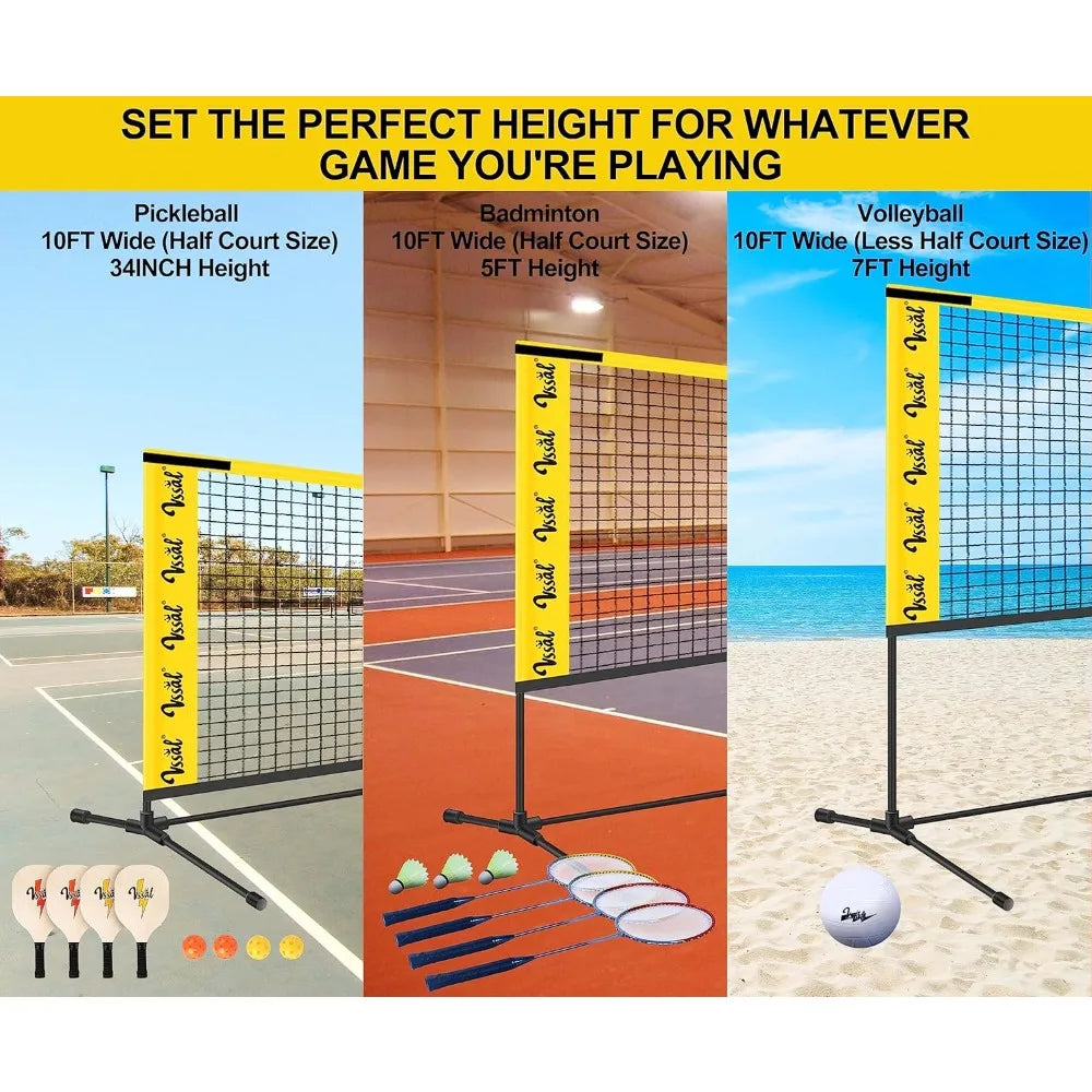 NEW - 10FT Portable All-in-One Badminton, Pickleball and Kids’ Volleyball Net Set Half Court (10ft Wide x 7ft max