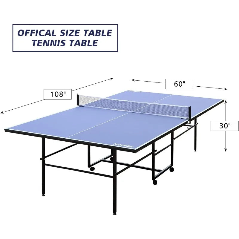 Folding Rolling Table Tennis Table Regulation Ping Pong Table with 2 Paddles 2 Balls 1 Net and Post Set Fold-Up Design