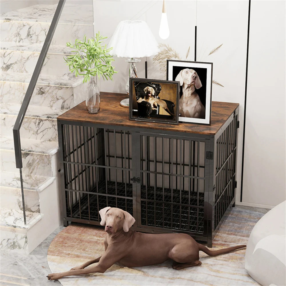 Large Wooden Dog Crate Indoor Three Doors Removable Tray