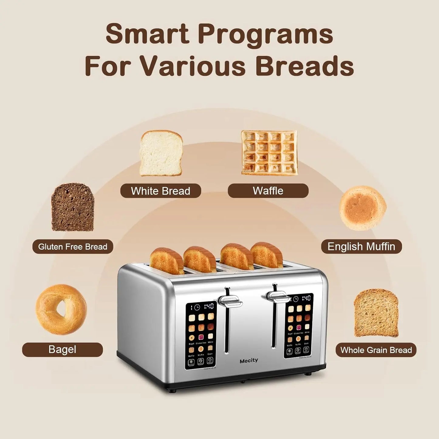 4 Slice Toaster with Touch Screen Control, 4 Wide Slots, Stainless Steel Smart Bread Toaster for Bagels, Muffins, Waffles, Dual