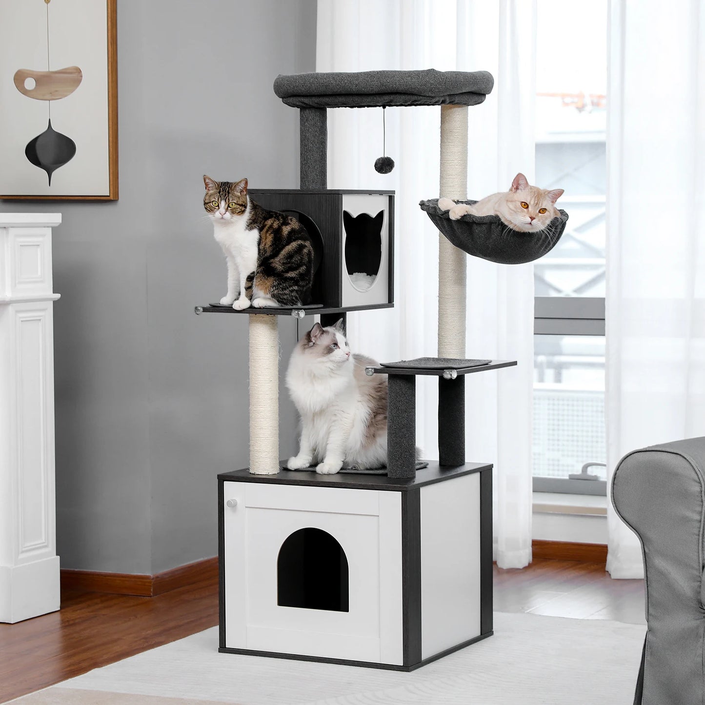 Large Wood Cat Tree With Litter Box Enclosure And Storage