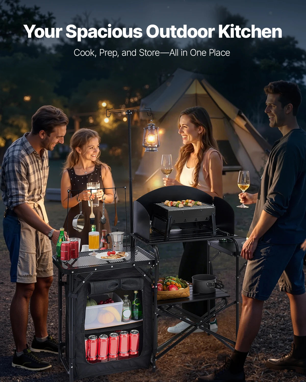 SucceBuy Folding Camping Table Outdoor Camping Kitchen Table Aluminum Portable Cook Station with Storage Cupboard Windscreen