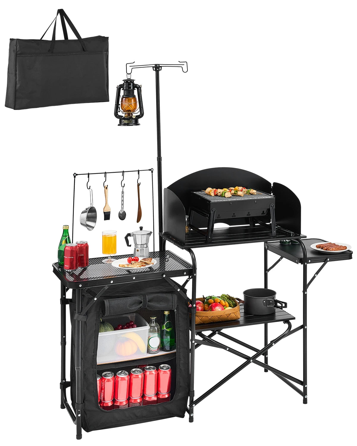 SucceBuy Folding Camping Table Outdoor Camping Kitchen Table Aluminum Portable Cook Station with Storage Cupboard Windscreen