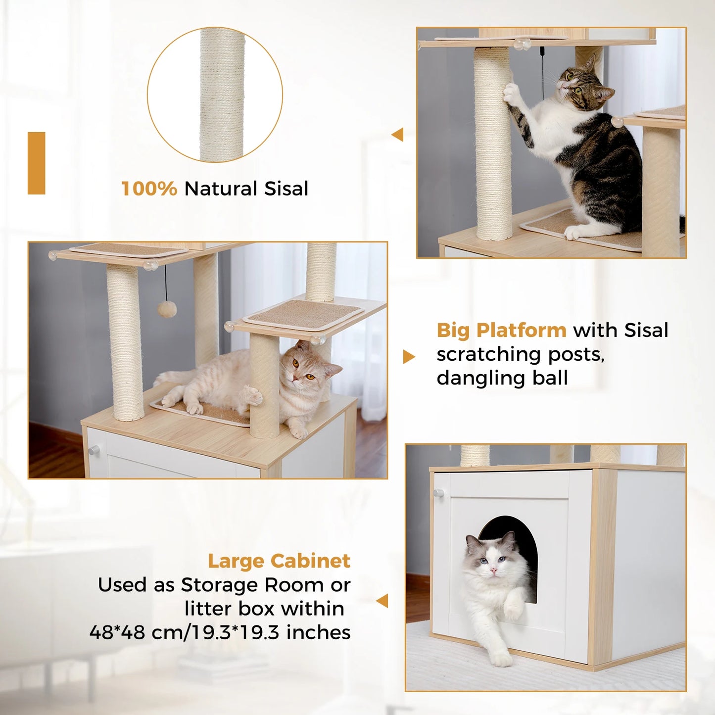 Large Wood Cat Tree With Litter Box Enclosure And Storage