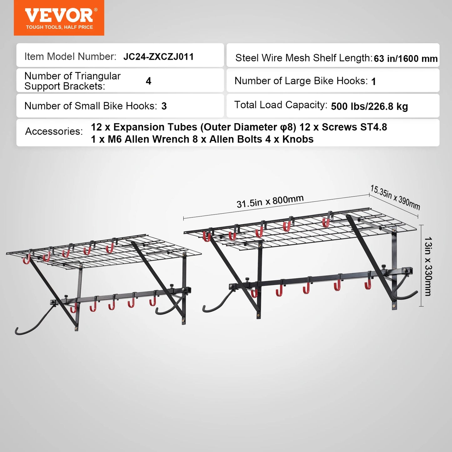 SucceBuy 500 lbs Bike Storage Rack Wall Mount Bike Storage Hanger with 2 Shelves Adjustable Holder for 4 Bike Garage Organizer