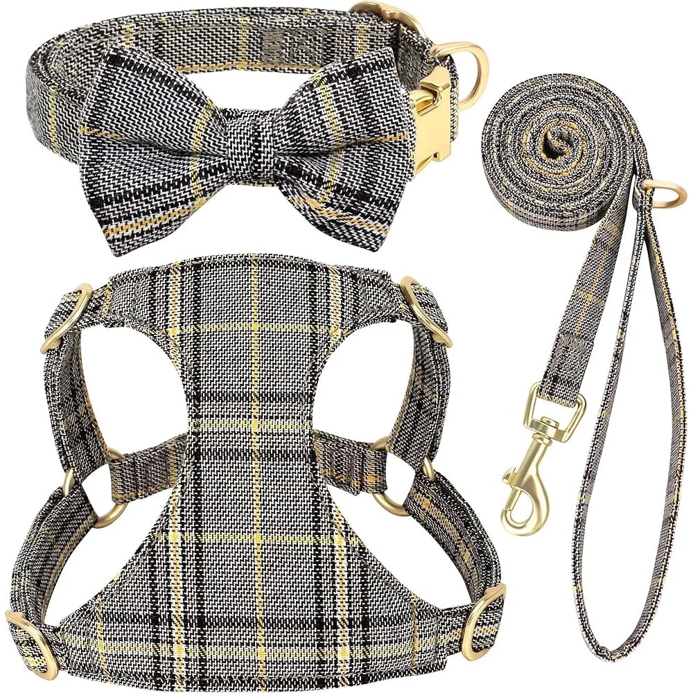 Cute Small Dog Harness Set Soft Plaid Collar Leash Bowtie