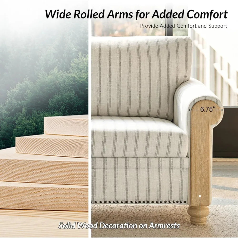 81" 3 Seater Sofa with Stripe Pattern, Farmhouse Couch with Rolled Wide Armrests and Rubber Wood Legs, Comfy Upholstered Sofa f
