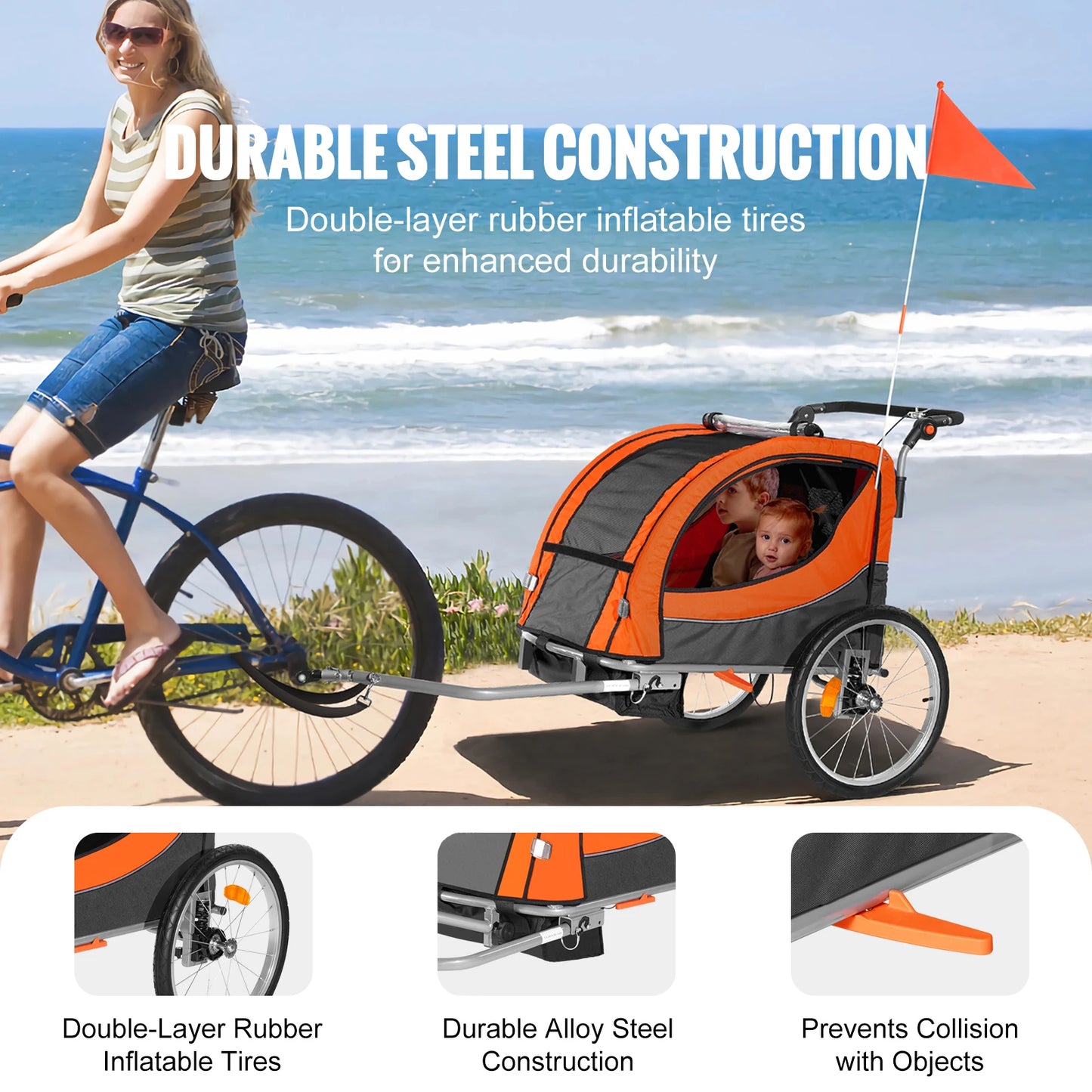 SucceBuy 88/100 lbs Child Bike Trailer Double Seat Carrier Converts to Stroller Foldable Children Bicycle Trailer for Toddlers