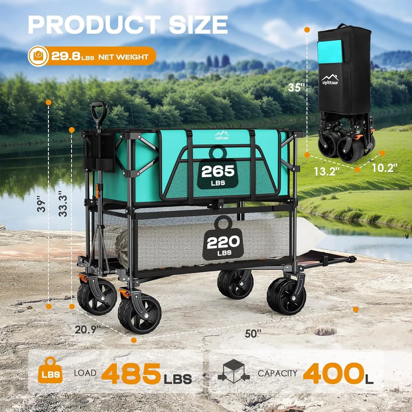 Foldable 50''L Extra Long Double Decker Wagon for Sport 400L Collapsible Heavy Duty Wagon Cart with Big Wheels Utility All Terra