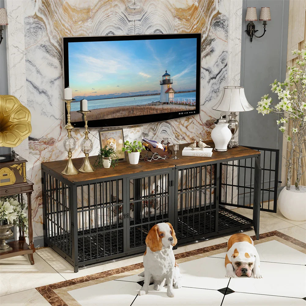 Large Wooden Dog Crate Indoor Three Doors Removable Tray