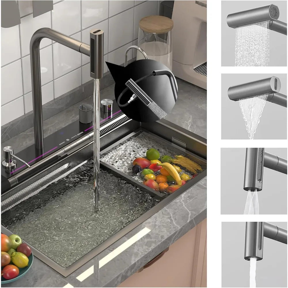 Smart Kitchen Sink 304 Stainless Steel Honeycomb Single Bowl Kitchen Sinks,Digital Display Double Waterfall Sink