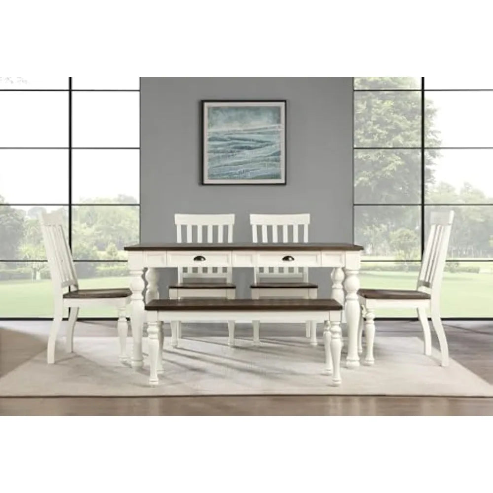 Furniture Joanna 6pc Dining Table Set, 60-Inc 4 Drawer Dining Table, 4 Side Chairs and 44" Bench, Farmhouse Design, Lift Top Be