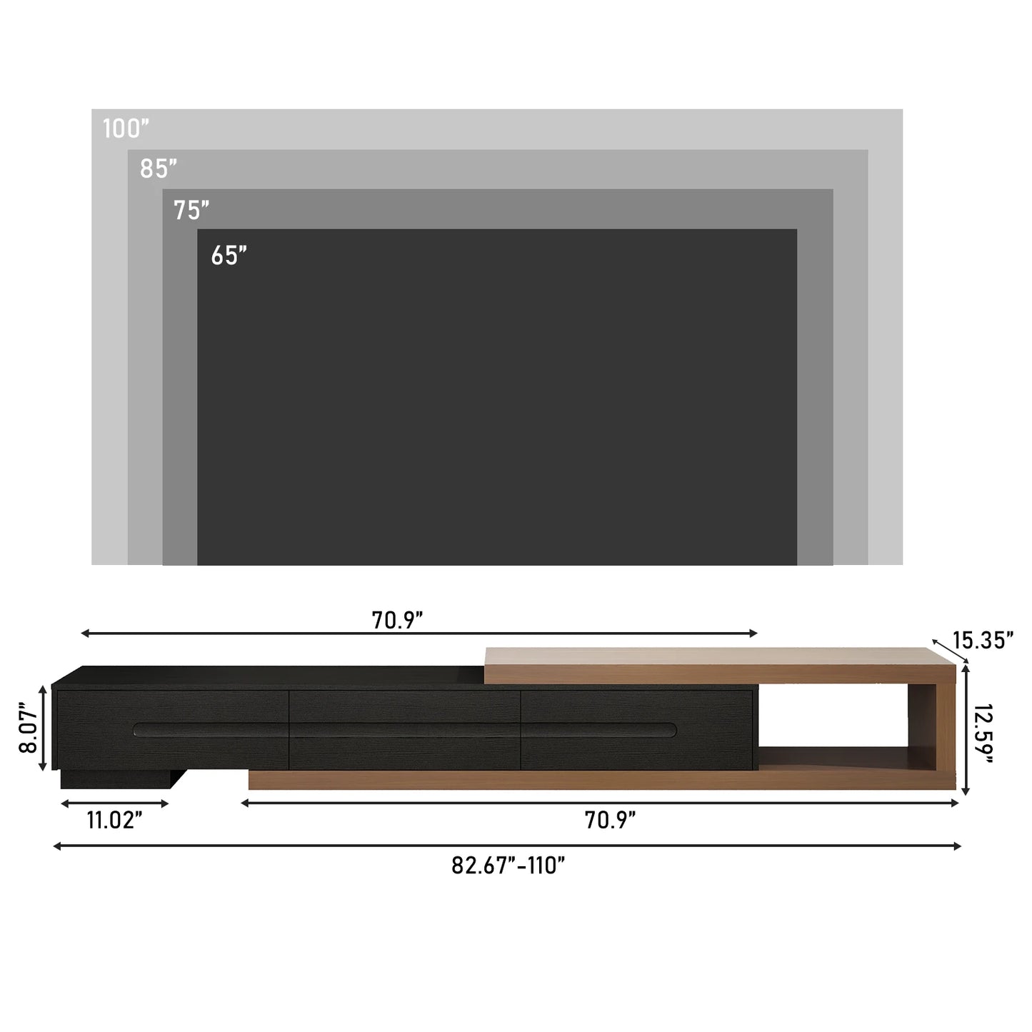 Extendable TV Stand Wood Media Console Up To 120 Inch TV