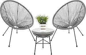 3-Piece Outdoor Acapulco All-Weather Patio Conversation Bistro Set w/Plastic Rope, Glass Top Table and 2 Chairs - Black