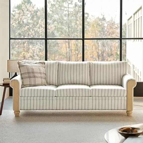 81" 3 Seater Sofa with Stripe Pattern, Farmhouse Couch with Rolled Wide Armrests and Rubber Wood Legs, Comfy Upholstered Sofa f
