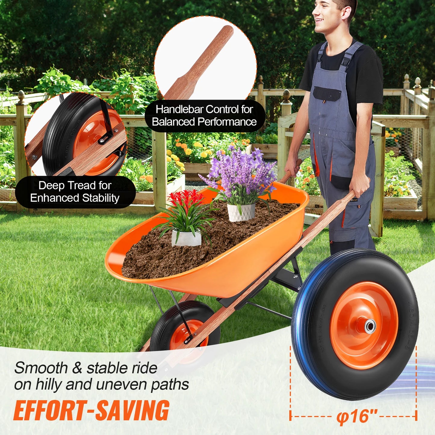 SucceBuy Wheelbarrow Cart 330lbs Capacity One Wheel Garden Dump Cart Wheel Barrow with Handle & 16" Wide Track Wheels for Farm