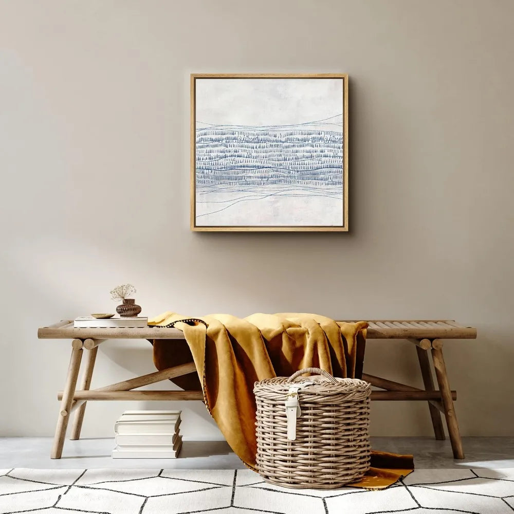 Framed Canvas Wall Art: Abstract Grunge Blue-Gray Industrial Lines and Shapes, Modern Decorative Art